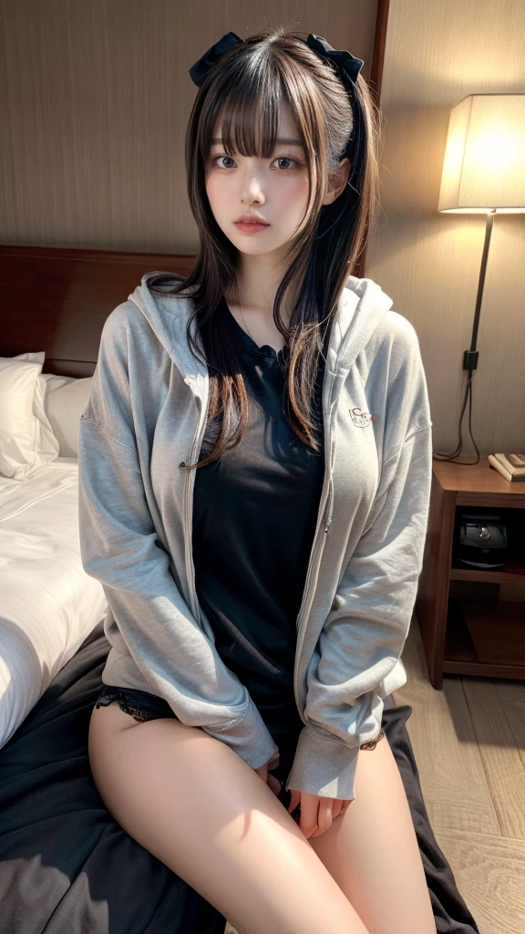 muste piece, best quality, illustration, Super detailed, fine details, High resolution, 8K,wall paper, perfect dynamic composition,(Details High quality, realistic depiction of eyes:1.3), (Fashionable, Oversized Light Grey Hoodie), straight hair, large breasts, black hair color, Big Natural Color Lip, (perfect body shape), crying a little、cold gaze, Harajuku style、20 year old girl、cute type、ta、beautiful legs, hotel room, Gravure Idol, Voluptuous thighs, (woman on top, straddling, sitting)