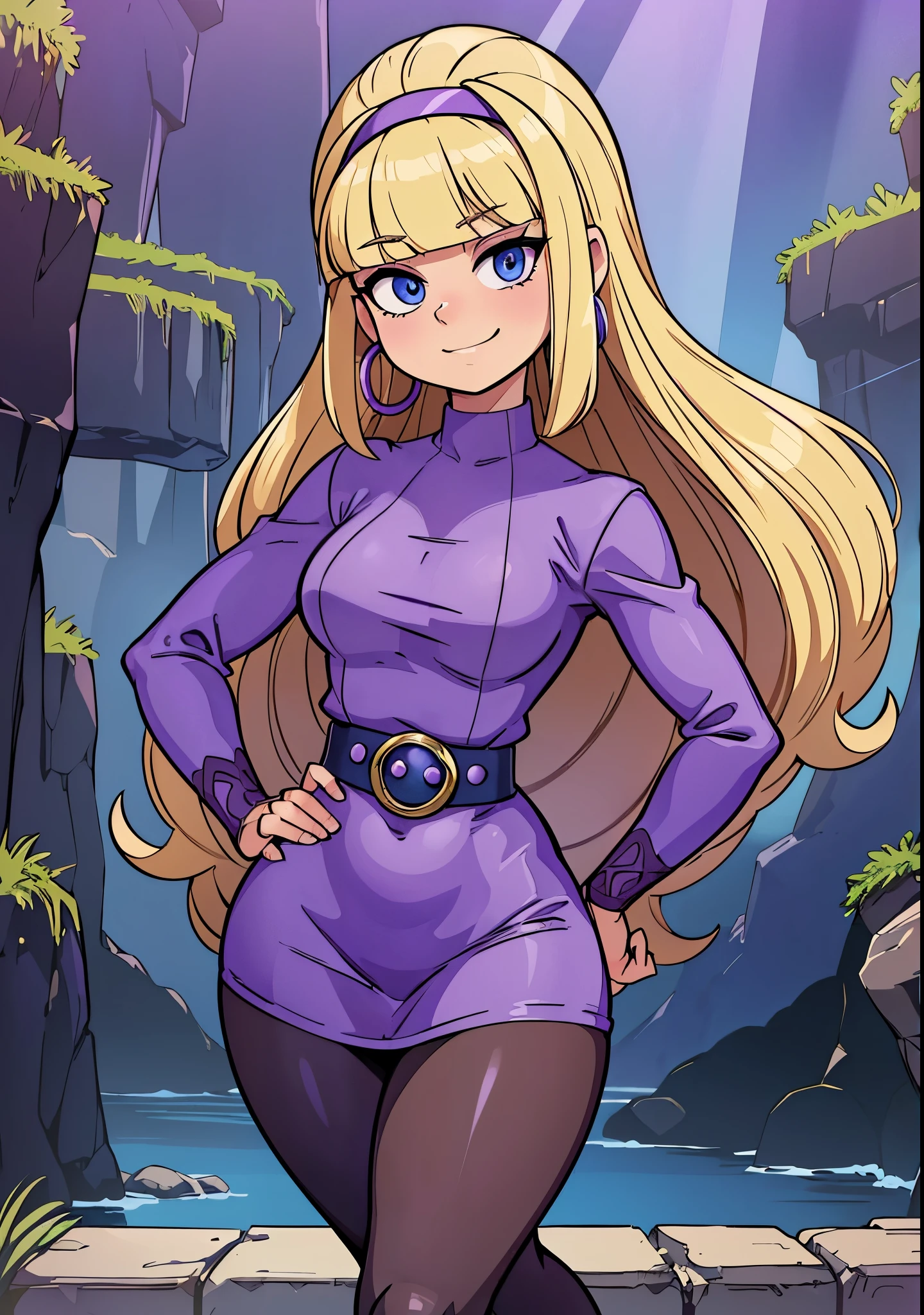 [Pacifica], [Gravity Falls], ((masterpiece)), ((HD)), ((high res)), ((solo portrait)), ((waist-up)), ((front view)), ((detailed shading)), ((soft textures)), ((intricate details)), ((anime girl)), ((cinematic)), {attractive; (long blonde hair), (bell-shaped bangs), (cute dark-blue eyes), (curvy hips), (beautiful legs), (cute grin)}, {(lavender-purple pencil dress), (purple jacket), (black leggings), (purple waist belt), (brown boots with fur), (lavender-purple hairband), (lavender-purple hoop earrings)}, {(standing), (hands on hips), (looking at viewer)}, [background; (grass plains), (sun rays), (blue sky), (clouds in sky), (ambient lighting)]