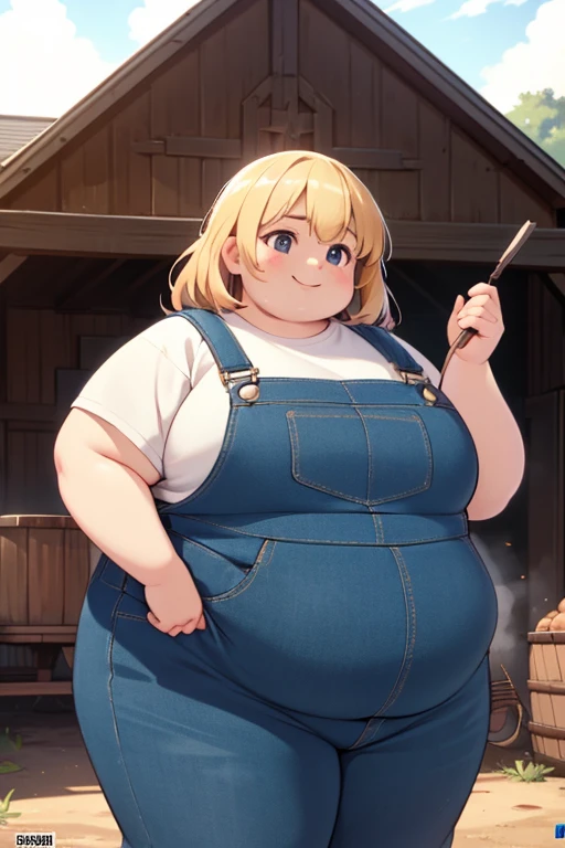 masterpiece, best quality, an obese ssbbw woman standing in a barn, bbw, ssbbw, obese, massive, fat, blonde, overalls, wearing overalls, wearing only overalls, farmer, farm girl, blob, immoble, huge, massive, smiling, , young, kid,, cinematic shot, dynamic lighting, 75mm, Technicolor, Panavision, cinemascope, sharp focus, fine details, 8k, HDR, realism, realistic, key visual, film still, cinematic color grading, depth of field