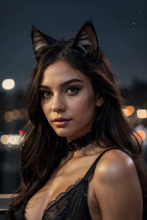(best quality,4k,8k,highres,masterpiece:1.2),ultra-detailed,(realistic,photorealistic,photo-realistic:1.37),vivid colors,bokeh,portrait,night scenery,beautiful detailed eyes,beautiful detailed lips,feline look,fierce expression,mysterious atmosphere,sleek black costume,playful pose,urban background,city lights,moonlit sky,cat ears,long flowing hair.
