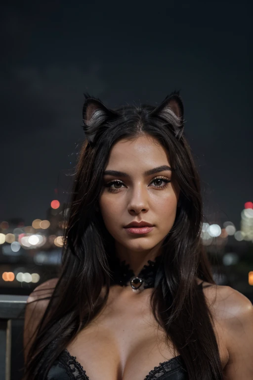 (best quality,4k,8k,highres,masterpiece:1.2),ultra-detailed,(realistic,photorealistic,photo-realistic:1.37),vivid colors,bokeh,portrait,night scenery,beautiful detailed eyes,beautiful detailed lips,feline look,fierce expression,mysterious atmosphere,sleek black costume,playful pose,urban background,city lights,moonlit sky,cat ears,long flowing hair.