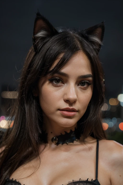 （best quality,4k,8k,highres,masterpiece:1.2),ultra-detailed,(realistic,photorealistic,photo-realistic:1.37),vivid colors,bokeh,portrait,night scenery,beautiful detailed eyes,beautiful detailed lips,feline look,fierce expression,mysterious atmosphere,sleek black costume,playful pose,urban background,city lights,moonlit sky,cat ears,long flowing hair.