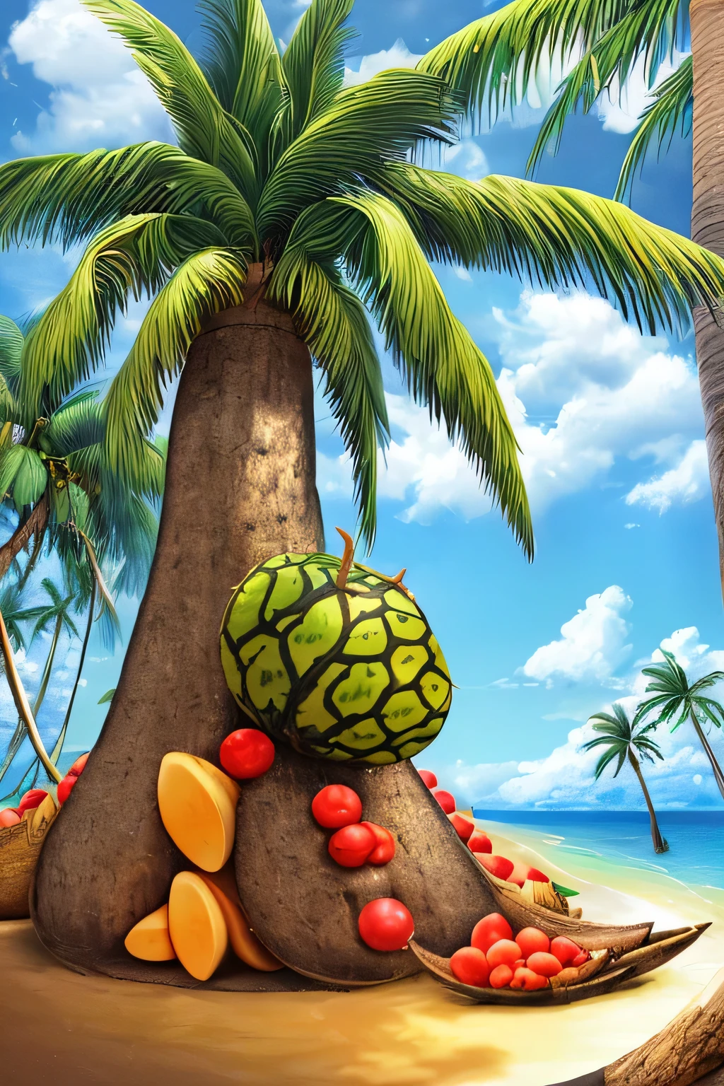 ((melhor qualidade)), coconut tree, big, papaya, fruit.