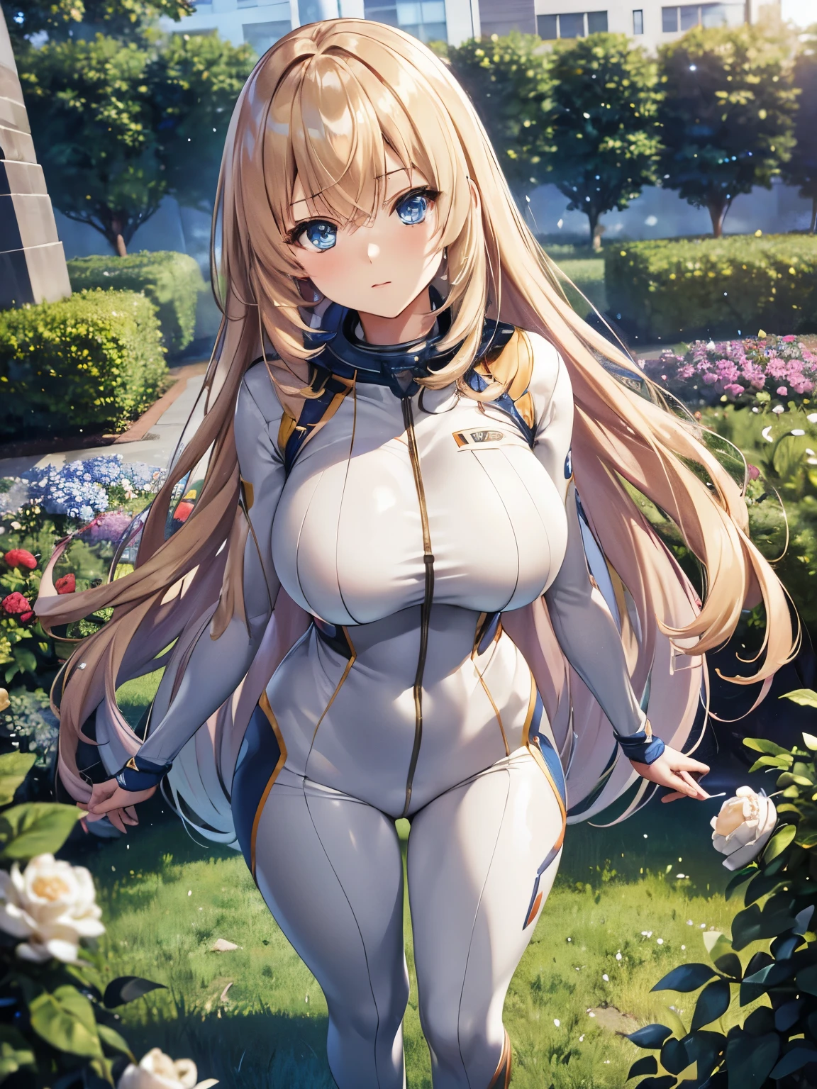 1 adult woman, very beautiful, half body photo,standing,In the garden area,astronaut suit,very big breast, blonde hair,blonde hair, blue eyes, white skin, long hair,elegant, cute, ultra detailed, ultra HD