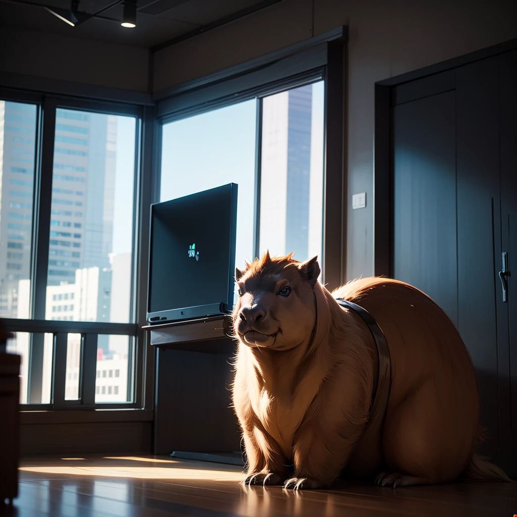 Best quality,masterpiece,ultra-detailed high res,(photorealistic),raw photo,illustration, A ((Capybara)) in main office buildings, wearings a expensive suit, with tie and white silk shirt, work seriously on his desk. backround we can can see others buildings through windows. funny, cinematic lighting, special light effects