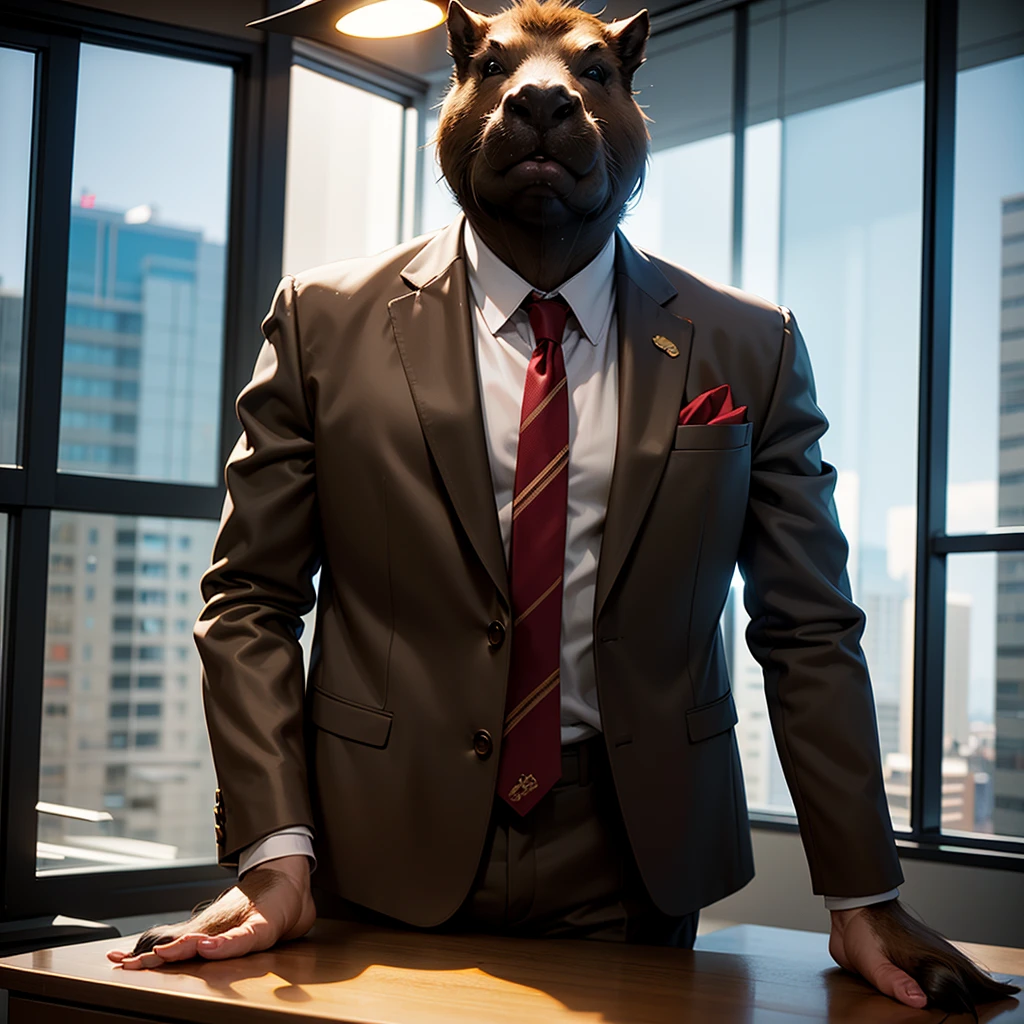 Best quality,masterpiece,ultra-detailed high res,(photorealistic),raw photo,illustration, A ((Capybara)) in main office buildings, wearings a expensive suit, with tie and white silk shirt, work seriously on his desk. backround we can can see others buildings through windows. funny, cinematic lighting, special light effects