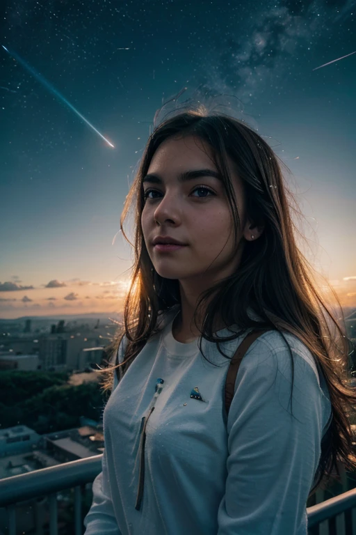 Alto detalle, super detail, super high resolution, girl enjoying her time in the galaxy of dreams, rodeado de estrellas, a warm light sprinkled on her, El fondo es un cielo estrellado con galaxias coloridas y nubes de galaxias., estrellas volando a su alrededor, Cara delicada, adding a playful atmosphere , 
