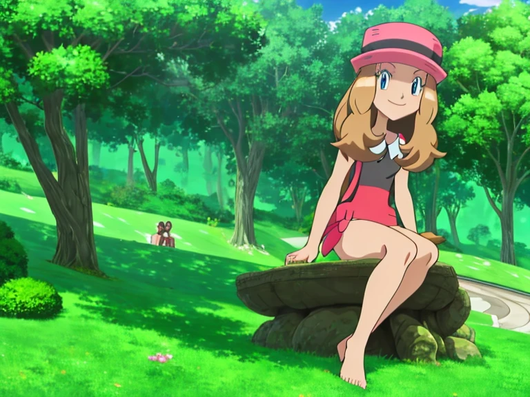 masterpiece, best quality, highres, in a park, depth of field, city in background, 1girl, solo, serena (pokemon), seductive, underwear, looking at viewer, bare legs curled under, bare feet, side, seated on grass, closed mouth, smiling.