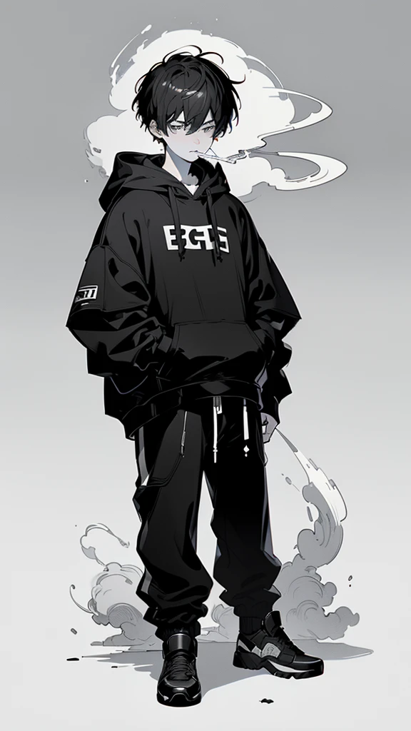 1 boy, (super detailed, high res, super detailed, top quality, awesome, top quality, very detailed CG Unity 8k), cool boy, full body, looking away, POV, not looking at viewer, (smoking), (cigarette in mouth,) boy wearing oversize simple hoodie, cool, stylish, ((monochrome)),