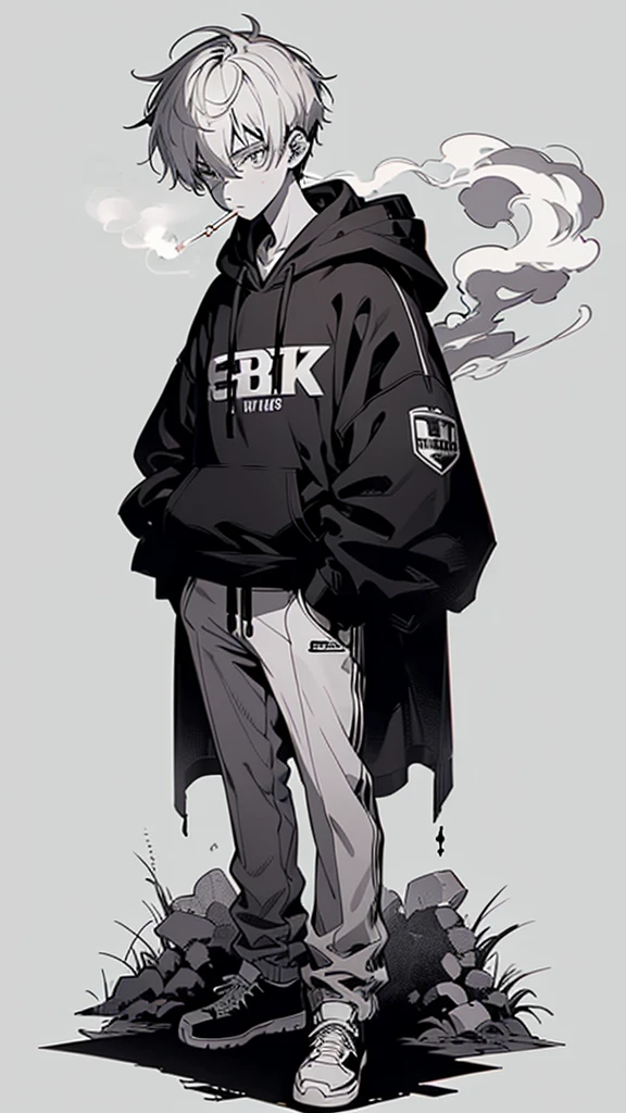 1 boy, (super detailed, high res, super detailed, top quality, awesome, top quality, very detailed CG Unity 8k), cool boy, full body, looking away, POV, not looking at viewer, (smoking), (cigarette in mouth,) boy wearing oversize simple hoodie, cool, stylish, ((monochrome)),