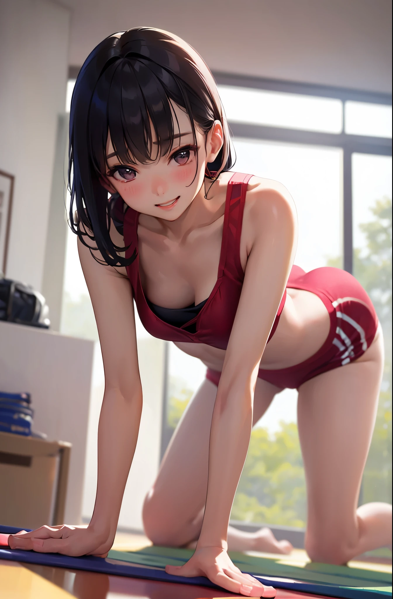 (masterpiece, best quality), 1girl, close-up face, (from front:1.2), (on all fours on the floor:1.2), (looking down:1.2), break girl, casual,Gym suit、school gym、 (bra:1.2), breast gap, medium breasts, hanging breasts, downblouse,、Leaning forward、Random hair color、 ８K, highest quality, masterpiece, super detailed、、、young face、、full lips、、、blush、lipstick、medium breasts、perfect hands、detailed hands,、Smile、smile、gymnastics matの上、gymnastics mat、Gym suit