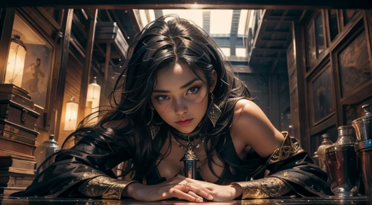all the men are staring at a beautiful female mage in a skimpy dress, masterpiece,top-quality,best quality,offcial art,Beauty and aesthetics:1.2),(masterpiece:1.3), (8K, realistic, RAW photos, best quality: 1.4),tanned beautiful face, sitting up in a translucent dress, small breasts, upper body photo(photorealistic face),Ultra-high resolution, Ultra photo realism, highly detailed, the golden ratio, (with dynamism:1.3),(Saturation:1.3),illusory engine, (High detail: 1.9),(female:1.4),(small breasts),female mage,The background is the castle filled with men, men staring at the female mage,dramatic:1.8),(Glowing scepter:1.5),Mysterious symbol