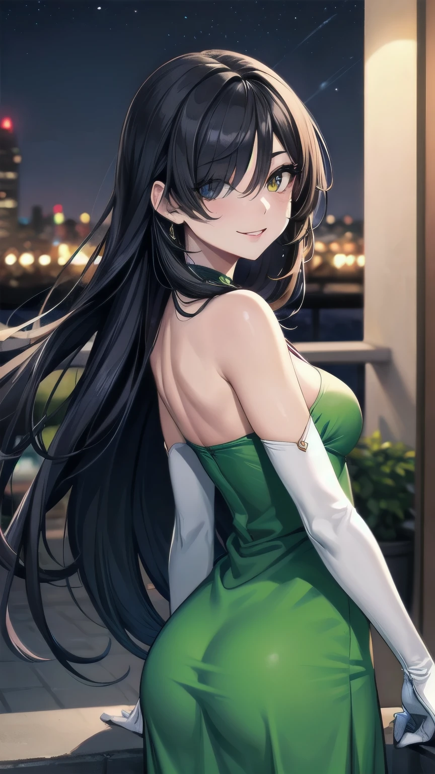 (masterpiece), best quality, expressive eye, perfect face, mature female, medium breasts, , long hair, (hair over one eye), very long hair, straight hair, black hair BREAK yellow eye BREAK night dress, green dress BREAK red lipstick BREAK shiny dress, elbow gloves, white gloves BREAK standing, closed mouth, fancy lobby, looking_at_viewer, bare shoulders, sleeveless dress, balcony, city lights, skyscrape, night sky, smirk, looking at viewer, from behind, looking back, cute butt, blush, sfw