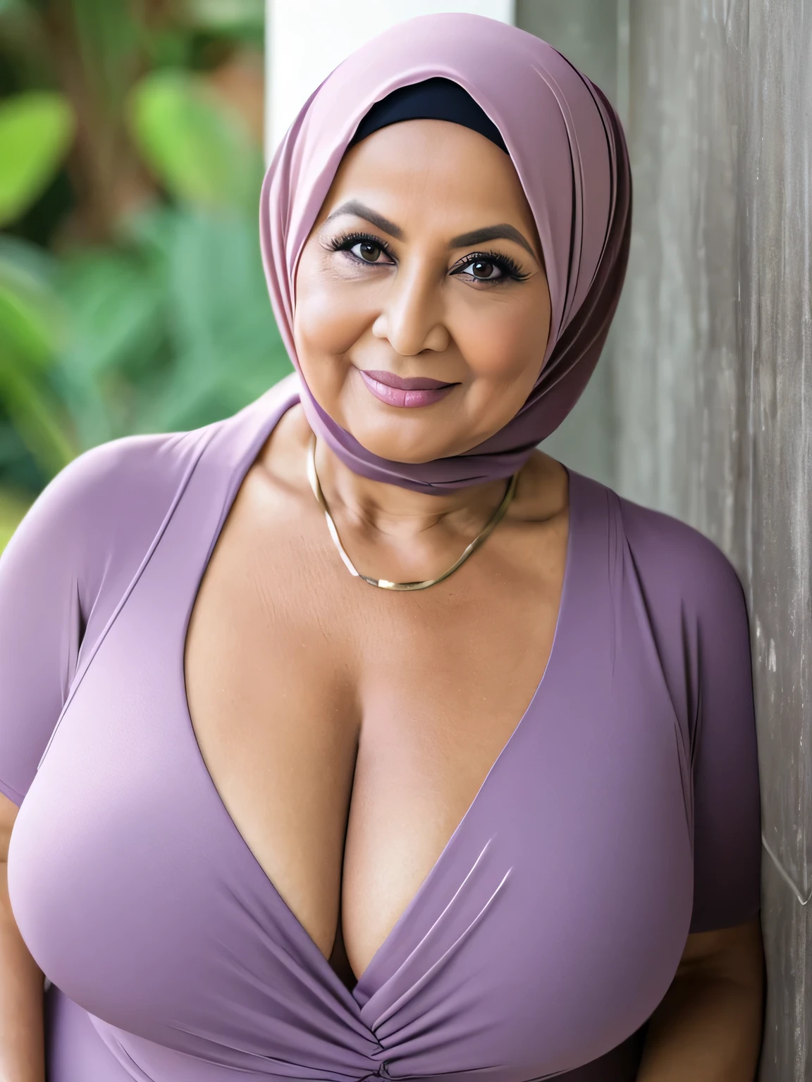 (Realistic) ((no nude)) (real mature face) 68 Years old fat Brunei mature woman, sexy curvy, (sexy chubby body shape), (half body photography) (photo model) wearing Wide Hijab, natural makeup, natural saggy breast : 96.9, (her cleavage was exposed) gorgeous eyes, Soft smile, professional photography with excellent lighting