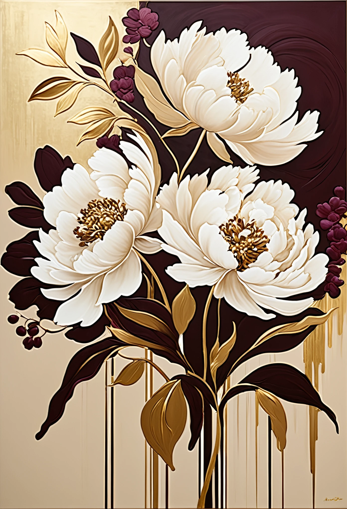 : liquid art, featuring peonies as the main characters, rendered in soft beige and deep wine shades, with exquisite golden accents. this painting should transport the viewer to a world where nature meets abstraction, and each flower seems to come alive thanks to flowing shapes and color transitions