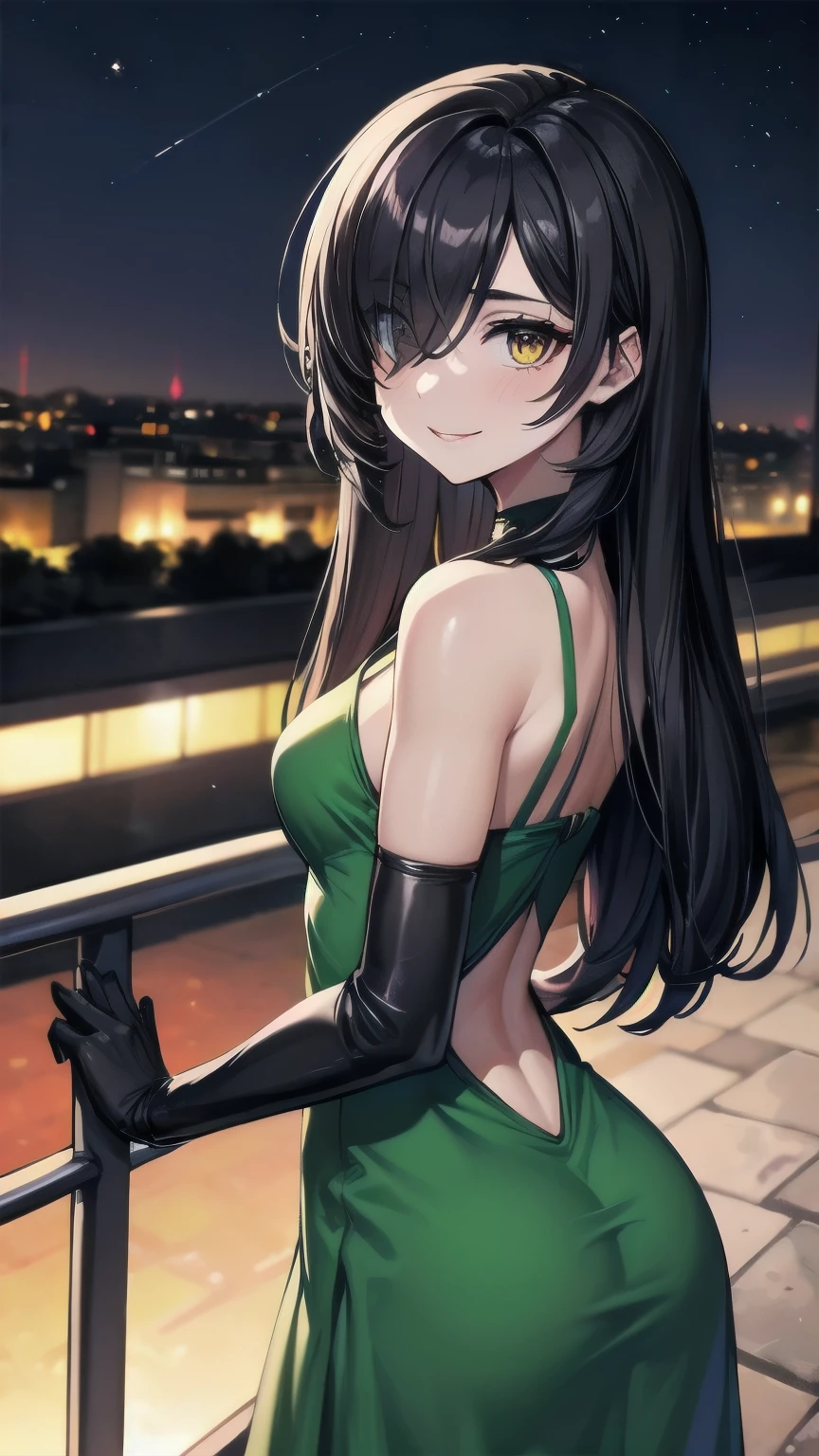 (masterpiece), best quality, expressive eye, perfect face, mature female, medium breasts, , long hair, (hair over one eye), very long hair, straight hair, black hair BREAK yellow eye BREAK night dress, green dress BREAK red lipstick BREAK shiny dress, elbow gloves, white gloves BREAK standing, closed mouth, fancy lobby, looking_at_viewer, bare shoulders, sleeveless dress, balcony, city lights, skyscrape, night sky, smirk, looking at viewer, from behind, looking back, cute butt, blush, sfw