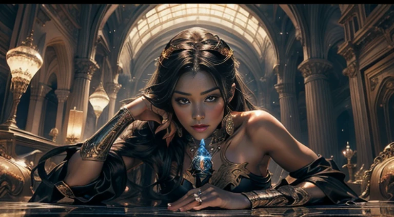 all the men are staring at a beautiful female mage in a skimpy dress, masterpiece，top-quality，best quality，offcial art，Beauty and aesthetics：1.2），（masterpiece：1.3）， （8K， realistic， RAW photos， best quality： 1.4），tanned beautiful face， bare arms, sitting upright in a translucent dress, small breasts, upper body photo（photorealistic face），Ultra-high resolution， Ultra photo realism， highly  detailed， the golden ratio， （with dynamism：1.3），（Saturation：1.3），illusory engine， (High detail: 1.9)，（female：1.4），（small breasts），female mage，The background is the castle filled with men, men staring at the female mage，dramatic：1.8），（Glowing scepter：1.5），Mysterious symbol
