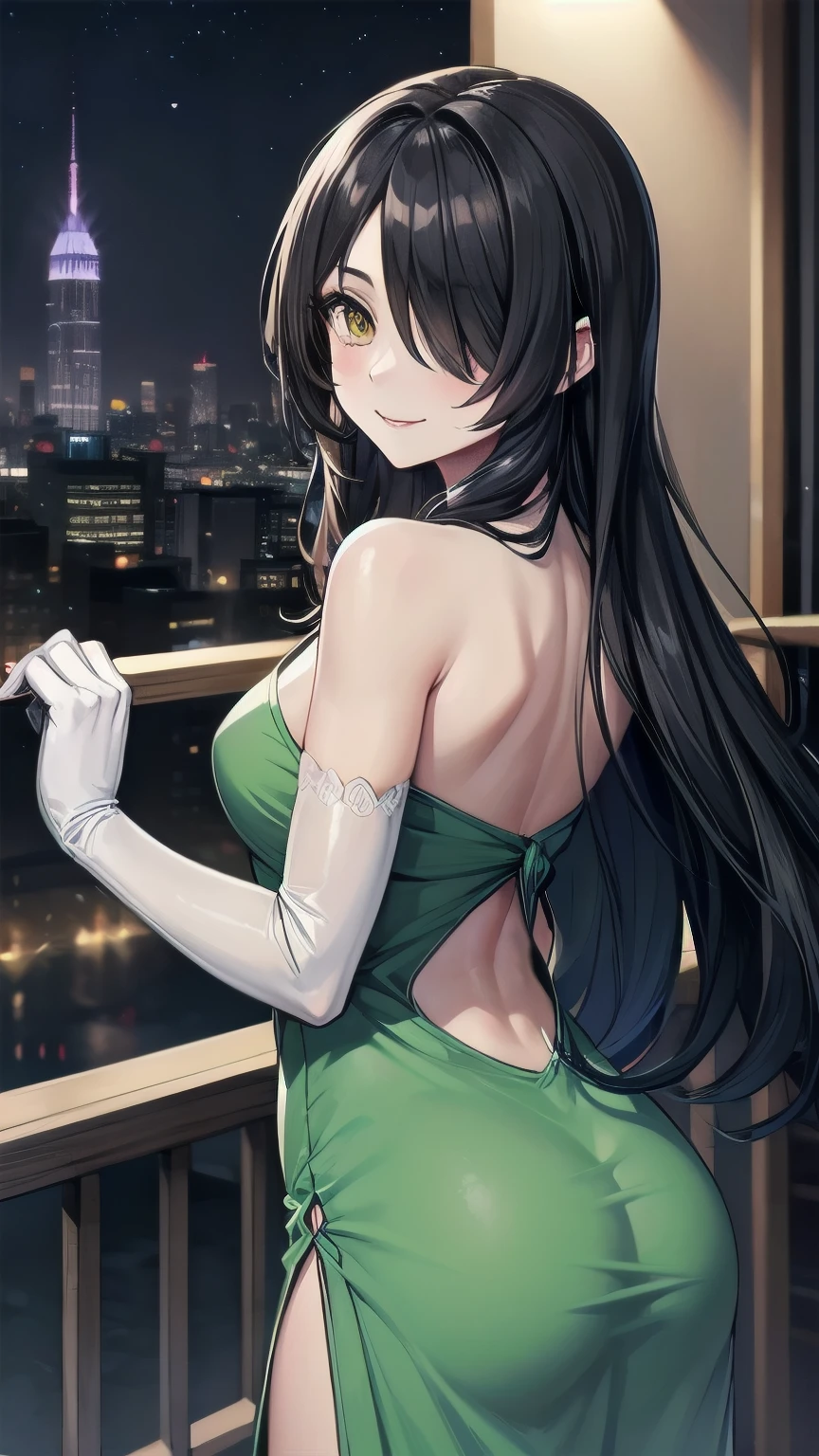 (masterpiece), best quality, expressive eye, perfect face, mature female, medium breasts, , long hair, (hair over one eye), very long hair, straight hair, black hair BREAK yellow eye BREAK night dress, green dress BREAK red lipstick BREAK shiny dress, elbow gloves, white gloves BREAK standing, closed mouth, fancy lobby, looking_at_viewer, bare shoulders, sleeveless dress, balcony, city lights, skyscrape, night sky, smirk, looking at viewer, from behind, looking back, cute butt, blush 