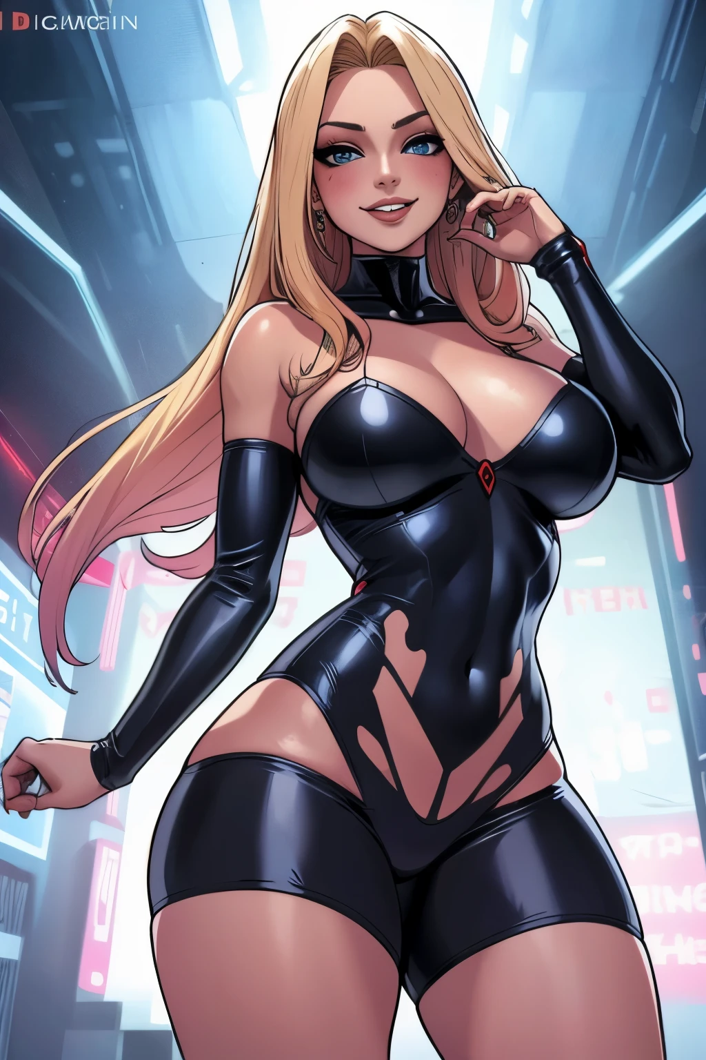 (((A comic style, cartoon art))). Black Cat, a Spider-man universe character, with her as the central figure. She is standing with her hands on her hips, looking straight ahead with determination. She wears a black costume, with cat ears and a mask. She has short, straight blonde hair, green eyes and red lips. Hot Body, sexy, sensual. She is surrounded by a night city, with lights and shadows. She has a mysterious and seductive expression, as if she is ready to act.