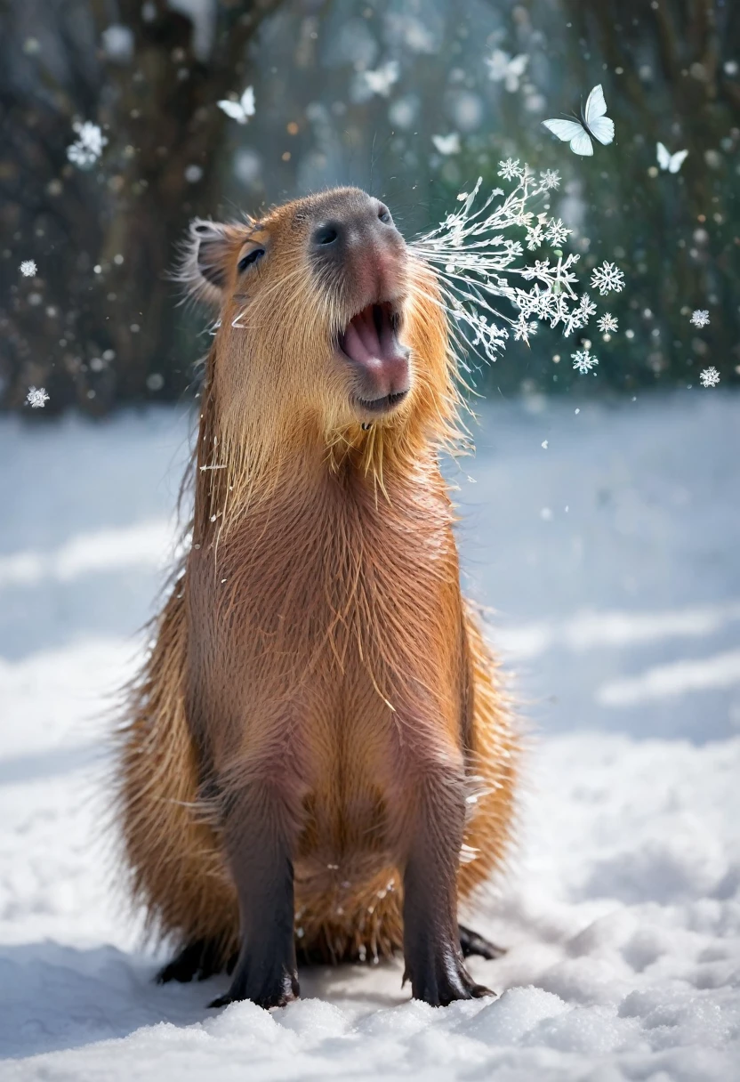 A Capybara, capybara, Yawning baby capybara, Soft god rays. Cute fat capybara chasing snowflakes, Thawing snow, spring flower buds, grand fantasy meadow, low angle shot, mystical (translucent butterflies:1.1) (runes:1.7), soft natural light, high res fantasy anime key visual, extremely detailed photograph, macro details, winter attire, windswept smoke wisps, cosmic runes