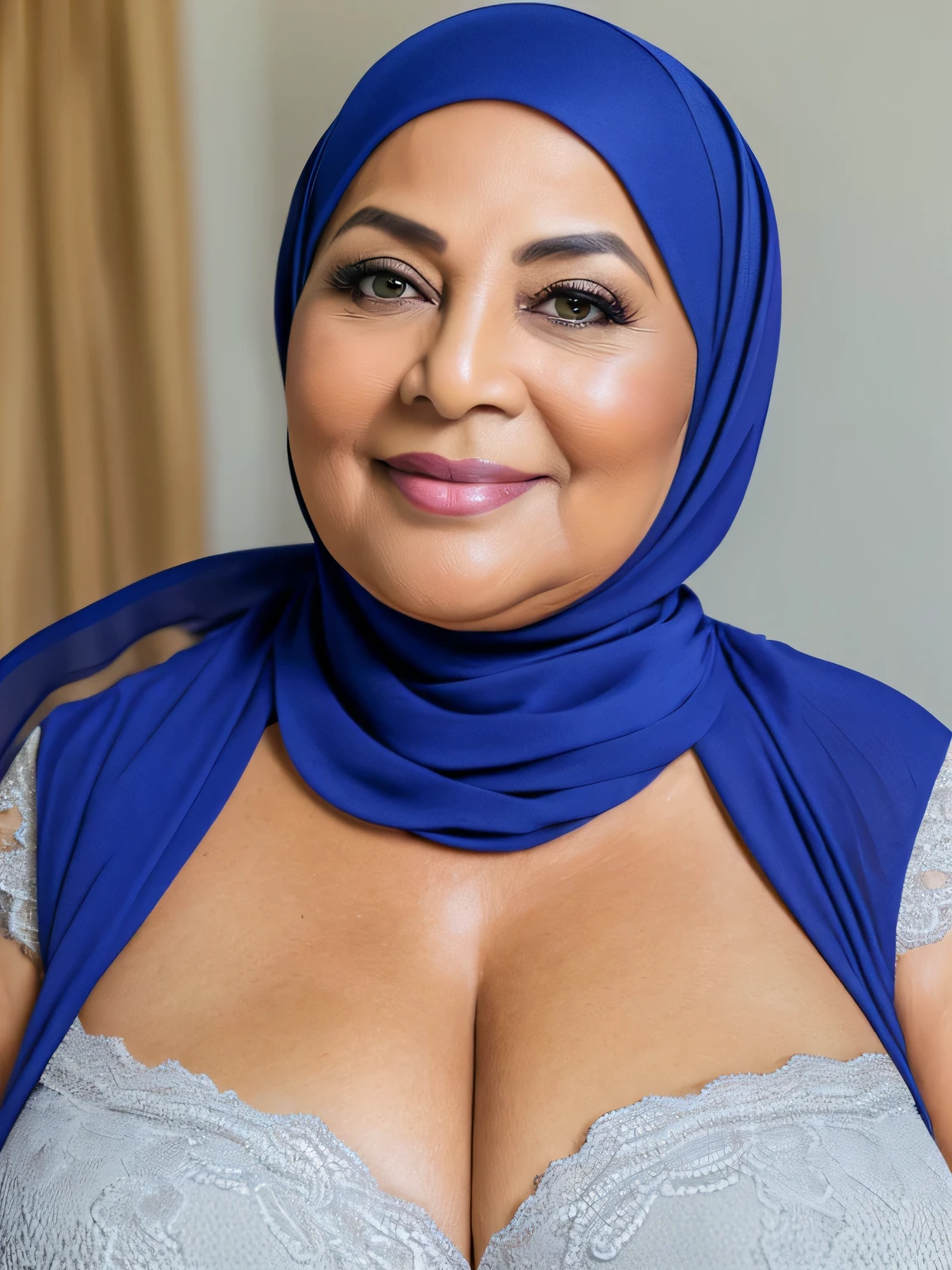 (Realistic) ((no nude)) (real mature face) 68 Years old fat Brunei mature woman, sexy curvy, (sexy chubby body shape), (half body photography) (photo model) wearing Wide Hijab, natural makeup, natural saggy breast : 96.9, (her cleavage was exposed) gorgeous eyes, Soft smile, professional photography with excellent lighting