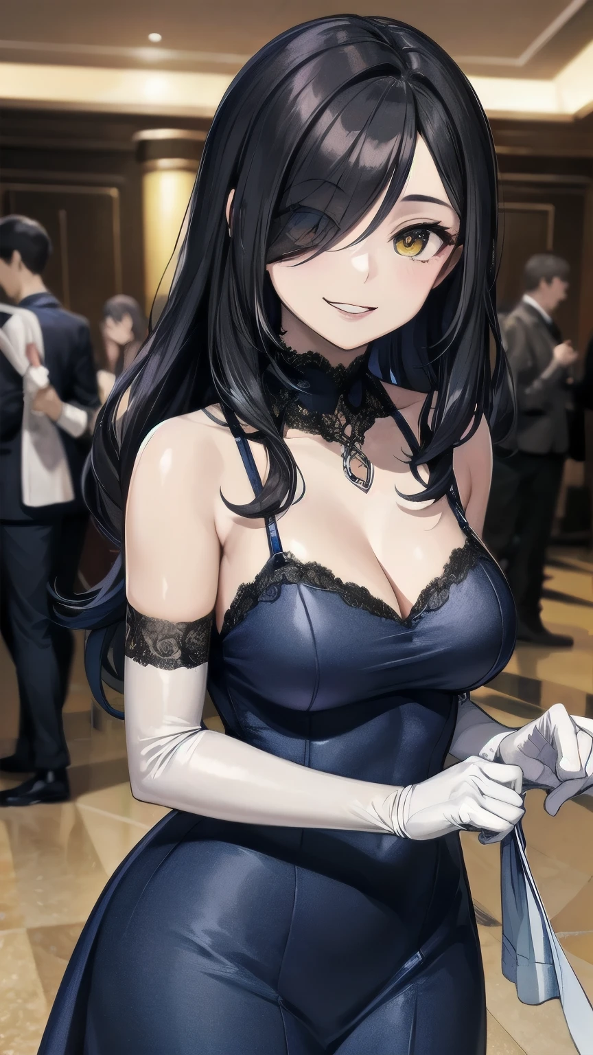 (masterpiece), best quality, expressive eye, perfect face, mature female, medium breasts, cleavage, long hair, (hair over one eye), very long hair, straight hair, black hair BREAK yellow eye BREAK night dress, blue dress BREAK red lipstick BREAK shiny dress, elbow gloves, white gloves BREAK standing, closed mouth, fancy lobby, indoors,(crowd, people), female focus, looking_at_viewer, bare shoulders, sleeveless dress, indoors, ((fancy hotel, lobby)) , smile, grin, looking at viewer 