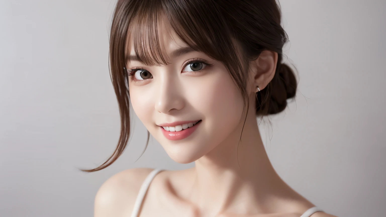 One Girl, (Dress in trendy fashion:1.2), (RAW Photos, highest quality), (Realistic, Photorealistic:1.4), Tabletop, Very delicate and beautiful, Very detailed, 2k wallpaper, wonderful, In detail, Very detailedな CG Unity 8K 壁紙, Very detailedな, High resolution, Soft Light, Beautiful detailed girl, looking at the camera、Very detailedな目と顔, Beautifully detailed nose, Beautiful fine details, Bob Hair, small, Black Dress、White background、Background is white、Cinema Lighting, Perfect Anatomy, Slender body, smile,