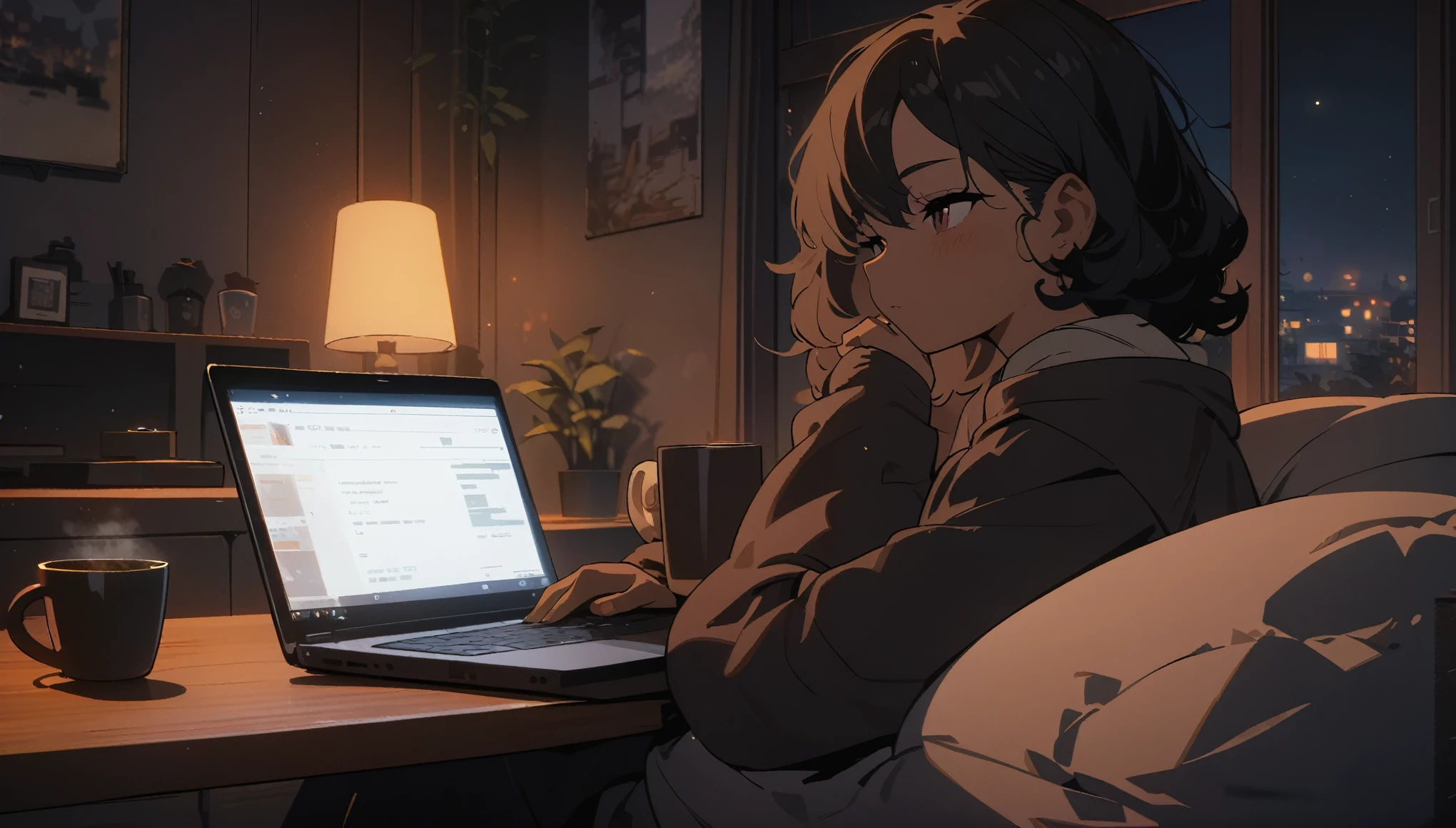 Lofi, Man with dark skin, Black curly hair, Comfy, Laptop, Coffe, Night, Relax, Room, HD, High Resolution, Masterpiece, 4K
