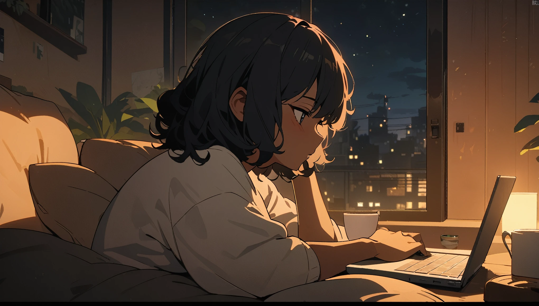 Lofi, Man with dark skin, Black curly hair, Comfy, Laptop, Coffe, Night, Relax, Room, HD, High Resolution, Masterpiece, 4K