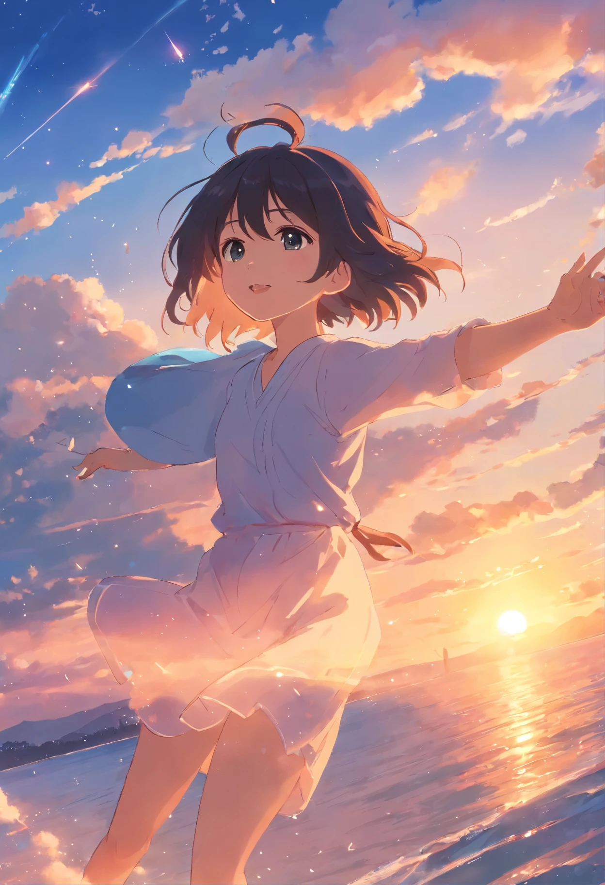 obra de arte, melhor qualidade, filme ainda, 1 garota, garota da nuvem, floating in the sky, fechar-se, brilhante, feliz, soft, warm lighting, sunset, (sparks:0.7)