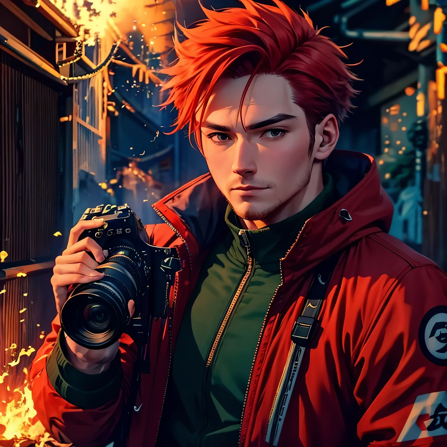 Masculine Red-Headed Man, Wearing Red-Leathered Jacket, Taking Video to the Right Side View, Holding a Video Camera, Sorrounded by Flames, Name Tagged "GENJI". Taking Shots, 