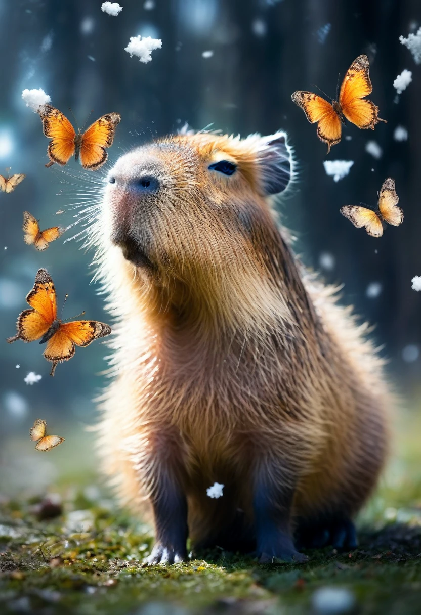 A Capybara, capybara, Yawning baby capybara, Soft god rays. Cute fat capybara chasing snowflakes, Thawing snow, spring flower buds, grand fantasy meadow, low angle shot, mystical (translucent butterflies:1.1) (runes:1.7), soft natural light, high res fantasy anime key visual, extremely detailed photograph, macro details, winter attire, windswept smoke wisps, cosmic runes