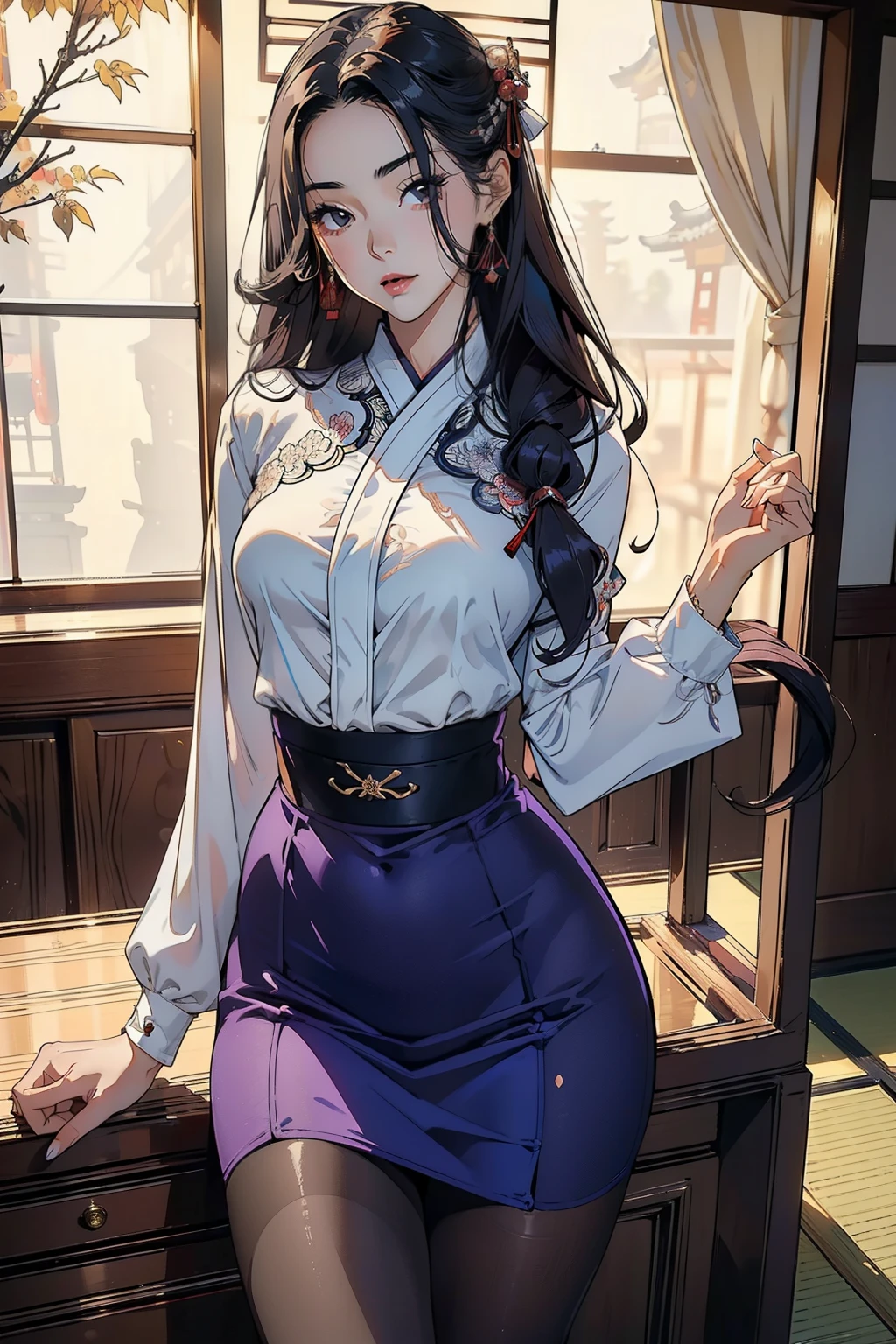 ((Top-quality, 8K, Masterpiece:1.3)), Sharp:1.2, Perfection personified:1.4, Slim abs:1.2, figure with a small bust, 32A cup, (A seductive sexiness in a white blouse:1.35), Radiantly beautiful face, a captivating smile, Gucci bag accentuating her hip, Super mini skirt revealing long, shapely legs, Purple pantyhose clinging to every curve, A 20-year-old Japanese lady of exquisite grace, (Intricately designed traditional Japanese hair:1.3), Detailed facial