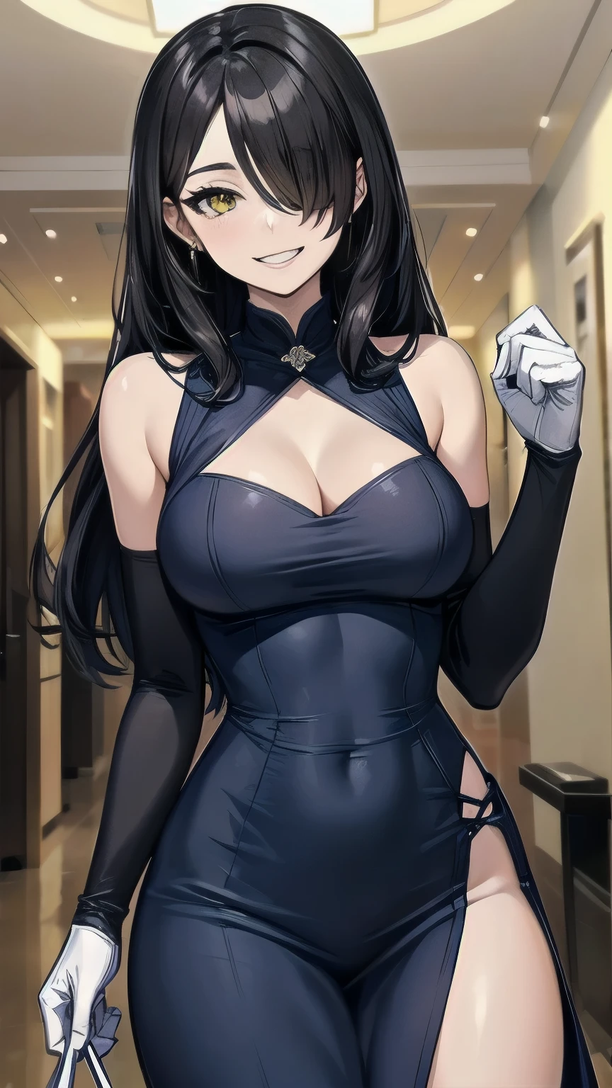 (masterpiece), best quality, expressive eye, perfect face, mature female, medium breasts, cleavage, long hair, (hair over one eye), very long hair, straight hair, black hair BREAK yellow eye BREAK night dress, blue dress BREAK red lipstick BREAK shiny dress, elbow gloves, white gloves BREAK standing, closed mouth, fancy lobby, indoors,(crowd, people), female focus, looking_at_viewer, bare shoulders, sleeveless dress, indoors, ((fancy hotel, lobby)) , smile, grin, looking at viewer