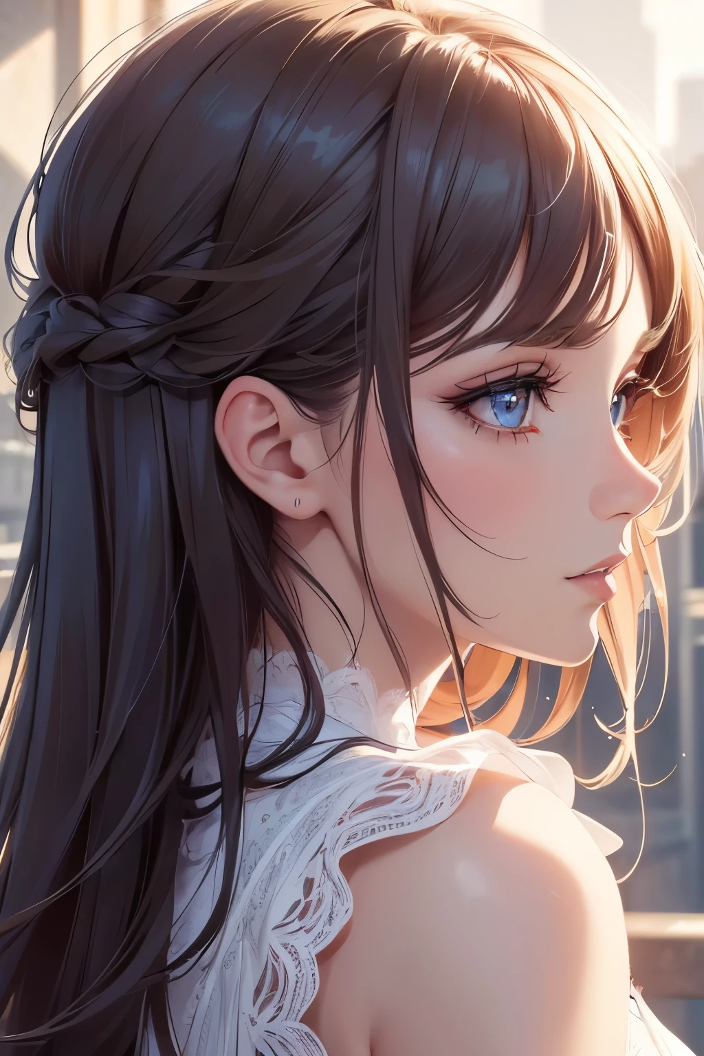 (best quality,4k,8k,highres,masterpiece:1.2),girl,side view,profile side view,beautiful detailed eyes,beautiful detailed lips,long eyelashes,medium:portraits,vivid colors,soft lighting, perfect side view, looking straight