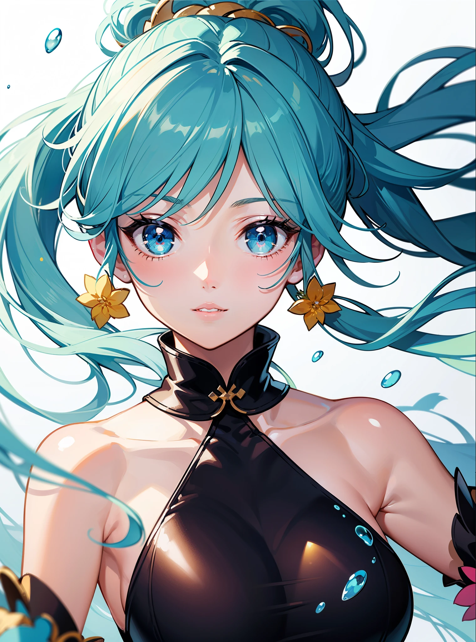 (masterpiece), (best quality), (ultra detailed),(disheveled hair),(illustration), (1girl), (Fashionable clothing), standing, Fashion model, looking at viewer, (interview), (simple background),beautiful detailed eyes, delicate beautiful face, Floating,(high saturation),(colorful splashes),colorful bubble,(shining), focus on face, ponytail, kamisato ayaka, light blue hair, bangs, hair ring, floating flowers, floating hairs, (shining), best lighting, best shadow,