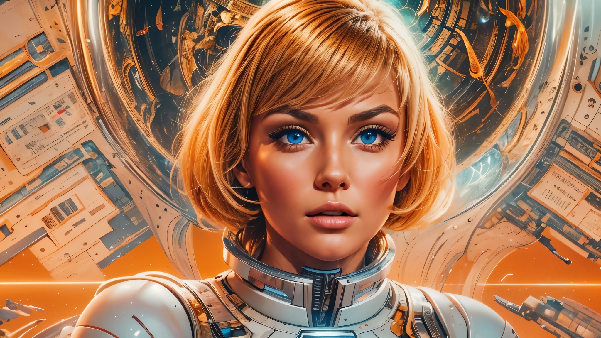 arafed image of a white woman in a futuristic suit with a spaceship in the background, movie art, in front of an orange background, inspired by Robert McGinnis, female protagonist, megastructure in the background, portrait of an ai astronaut, astronauts, an astronaut, portrait of a astronaut skeletor, perfect android girl, detailed eyes, perfectly detailed teeth, frank franzzeta and sakimichan