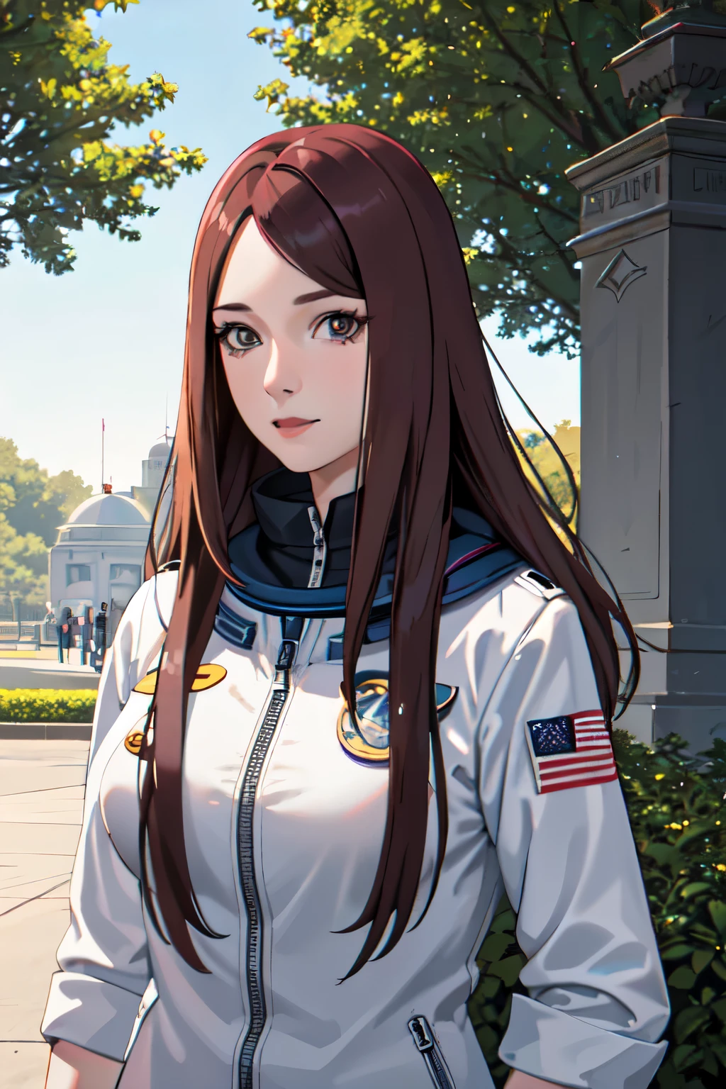 1 adult woman, 29 years old, straight hair, brown hair, red eyes,Looking at the viewer, astronaut uniform,slight smile, standing in the park, big breasts,half body photo