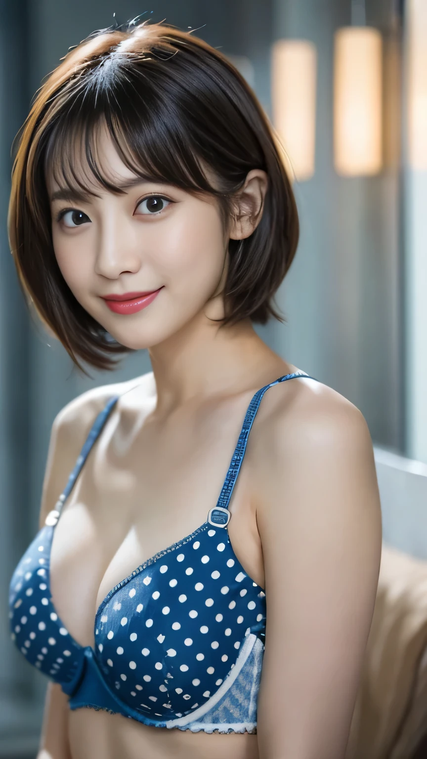 In 8K、超A high resolution、highest quality、Tabletop、Ultra-high resolutionIn 8K、超A high resolution、highest quality、Tabletop、Ultra-high resolution(Larger breasts:1.3)(Blue and white polka dot bra:1.35)(Bedroom:1.1)、(Black haired Japanese woman、short hair、Realistic Face、Big black eyes、double eyelid、Small face、Very detailed:1.1)Glowing Skin、Natural smile、Lips become thicker、shut up.