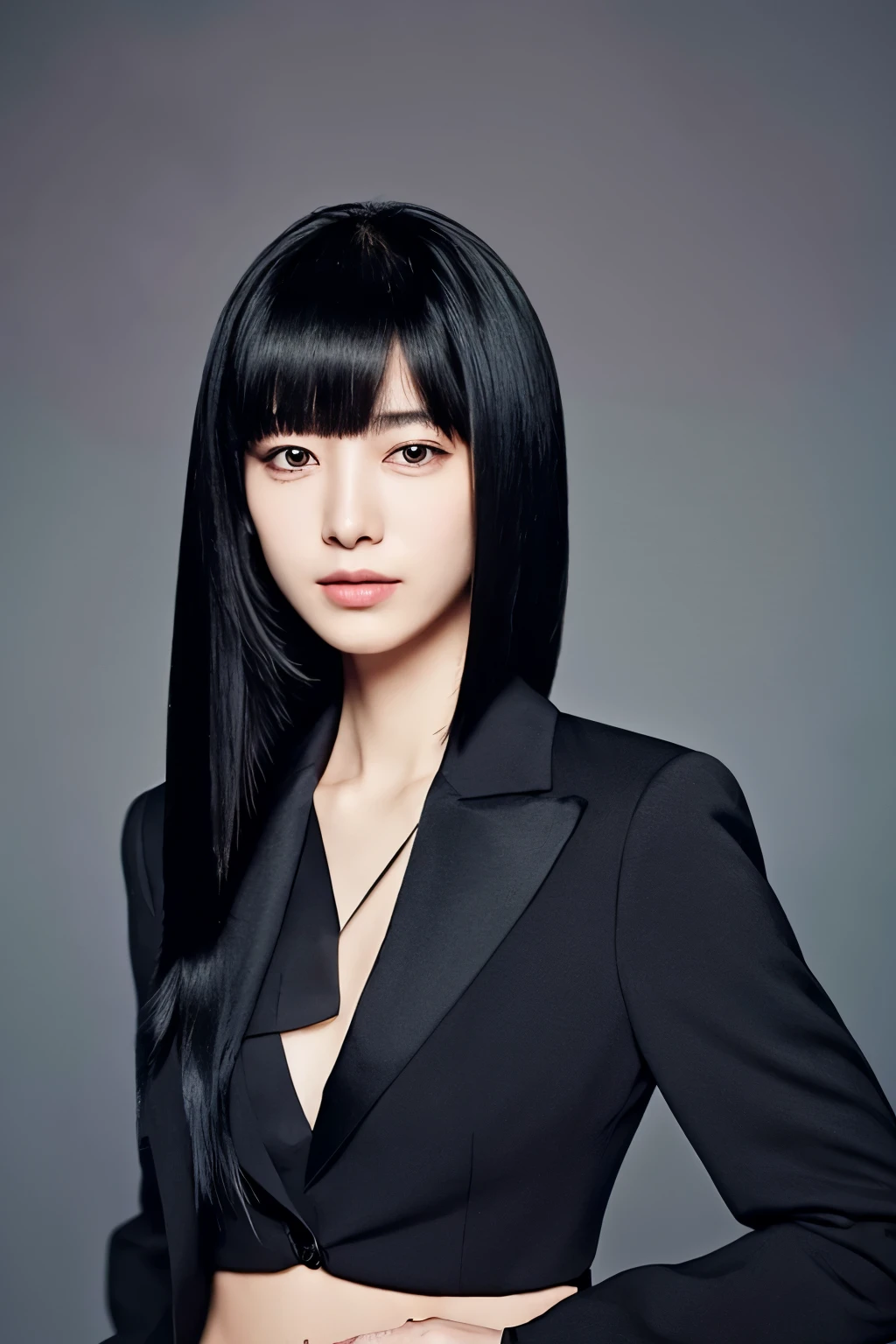 Black hair with blunt bangs、Long straight hair down to the middle of the back、A small, slender but muscular cat in a suit