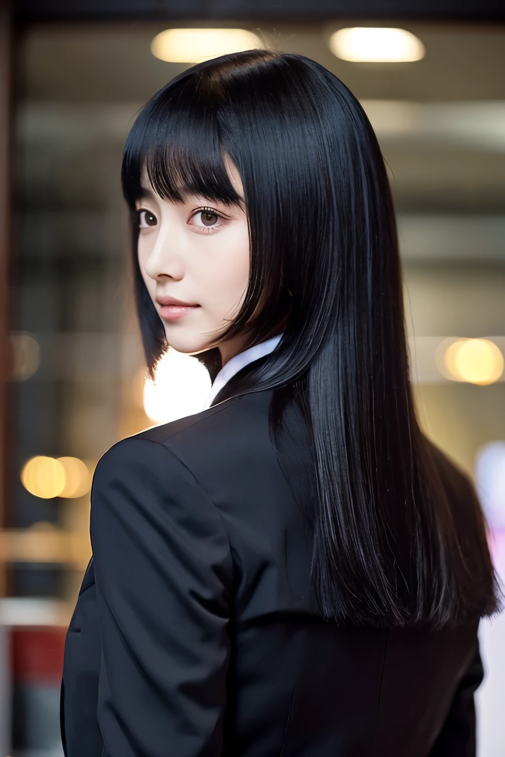 Black hair with blunt bangs、Long straight hair down to the middle of the back、A small, slender but muscular cat in a suit