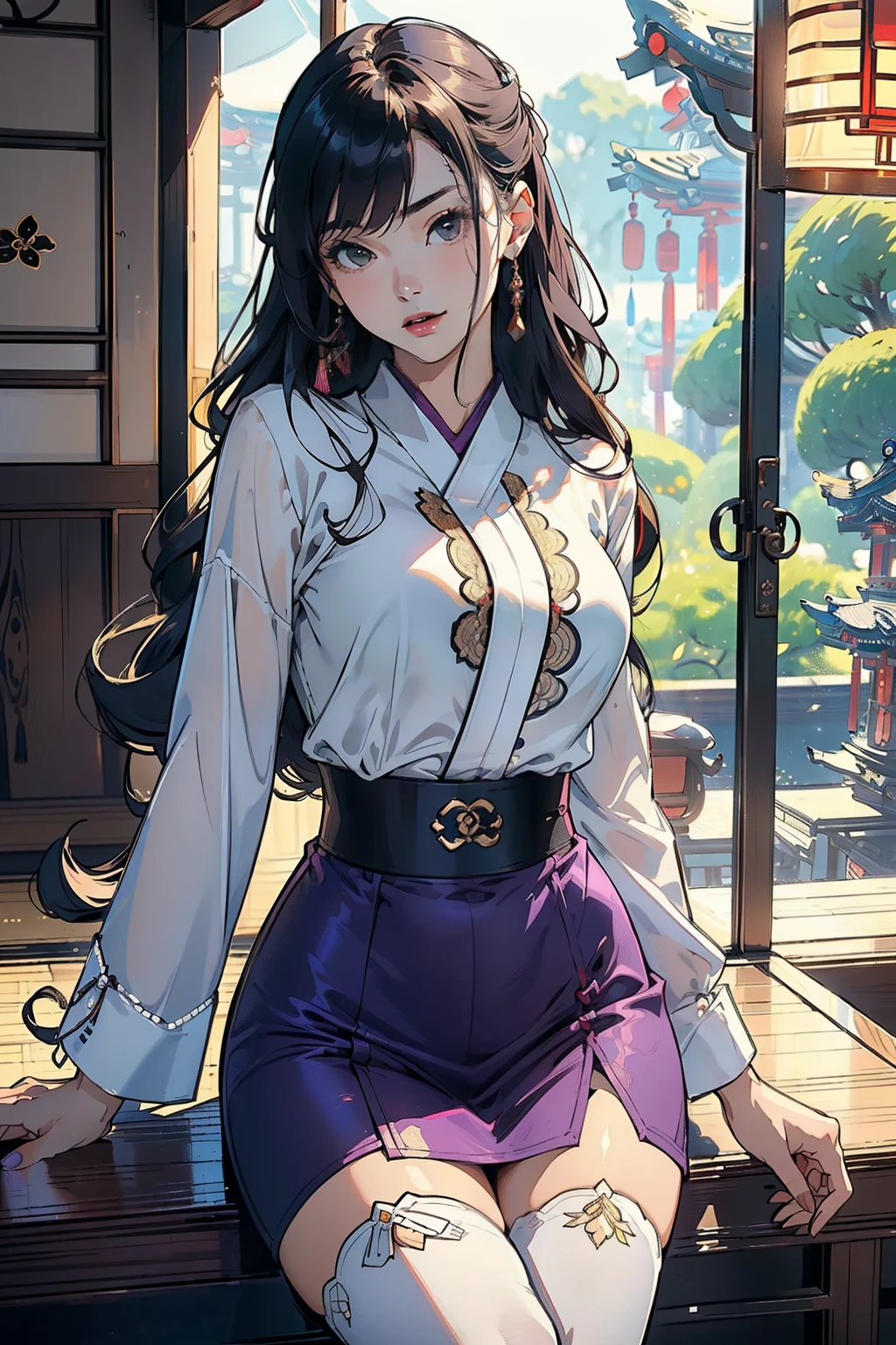 ((Top-quality, 8K, Masterpiece:1.3)), Sharp:1.2, Perfection personified:1.4, Slim abs:1.2, figure with a small bust, 32A cup, (A seductive sexiness in a white blouse:1.35), Radiantly beautiful face, a captivating smile, Gucci bag accentuating her hip, Super mini skirt revealing long, shapely legs, Purple pantyhose clinging to every curve, A 20-year-old Japanese lady of exquisite grace, (Intricately designed traditional Japanese hair:1.3), Detailed facial