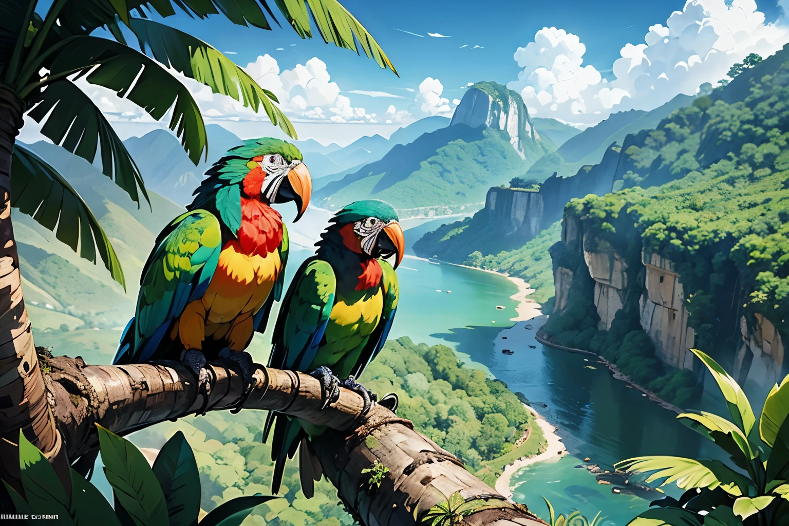 colombian, wild, jungle, anime, wallpaper, plants, mountains, river, half macaw, wings, feathers, parrots, macaws, landscape, jungle,  anime, full calidad, png, 4k, hd, manga, caricature,