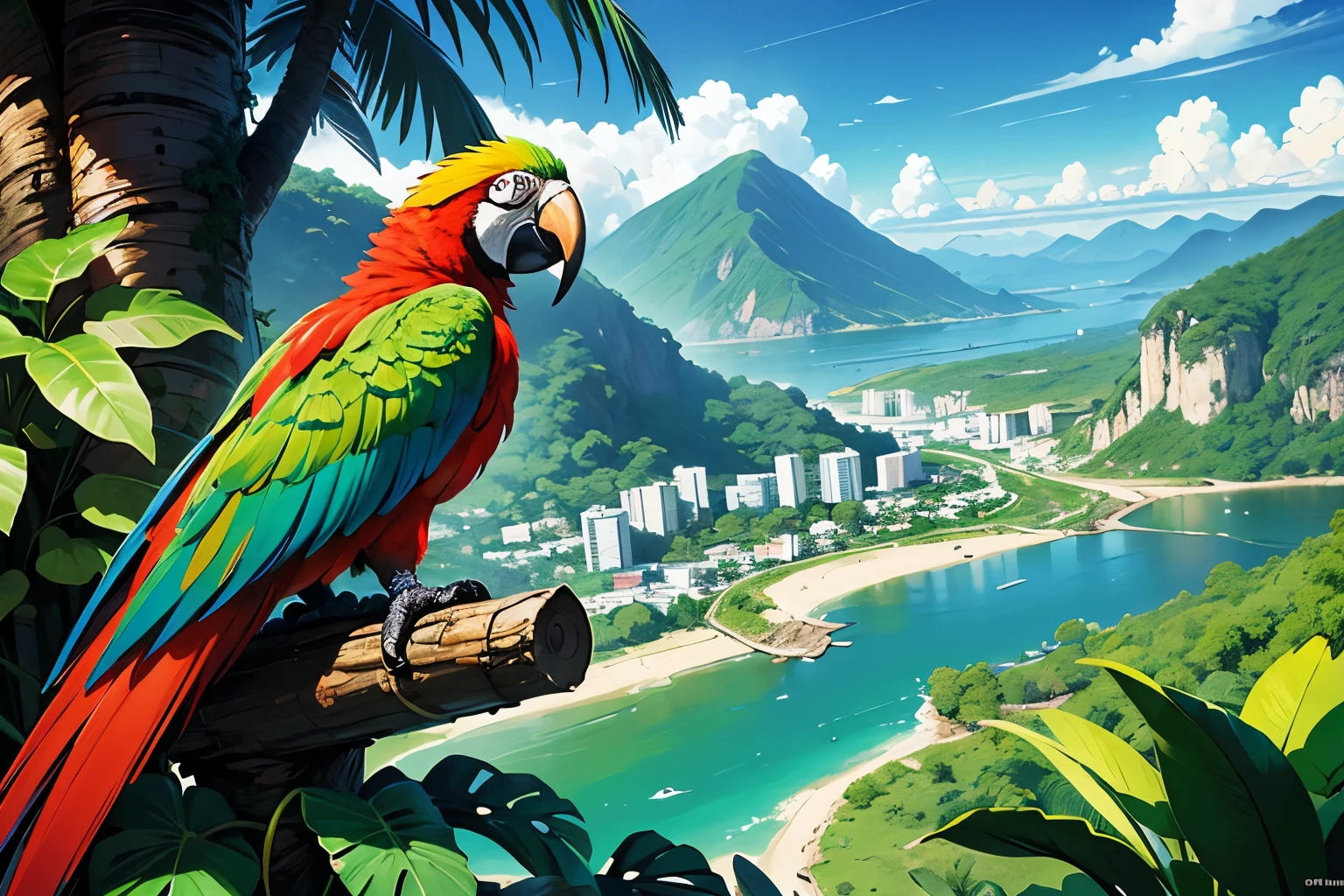 colombian, wild, jungle, anime, wallpaper, plants, mountains, river, half macaw, wings, feathers, parrots, macaws, landscape, jungle,  anime, full calidad, png, 4k, hd, manga, caricature,