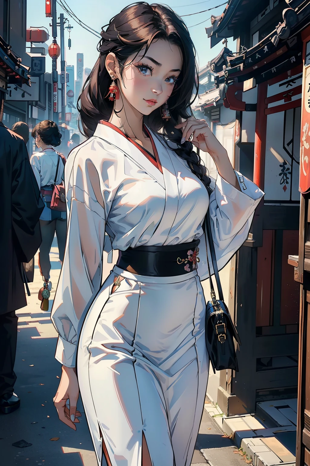 ((Top-quality, 8K, Masterpiece:1.3)), Sharp:1.2, Perfection in Beauty:1.4, Sleek abs:1.2,  32A cup, (Sexy white blouse:1.35), Radiant face with a captivating smile, Carrying a stylish Gucci bag, Wearing a super mini skirt that accentuates her figure, Draped in purple pantyhose, 20-year-old beauty:1.3, ((Japanese lady:1.3)), Against the backdrop of a bustling city:1.2, Intricately designed hair,