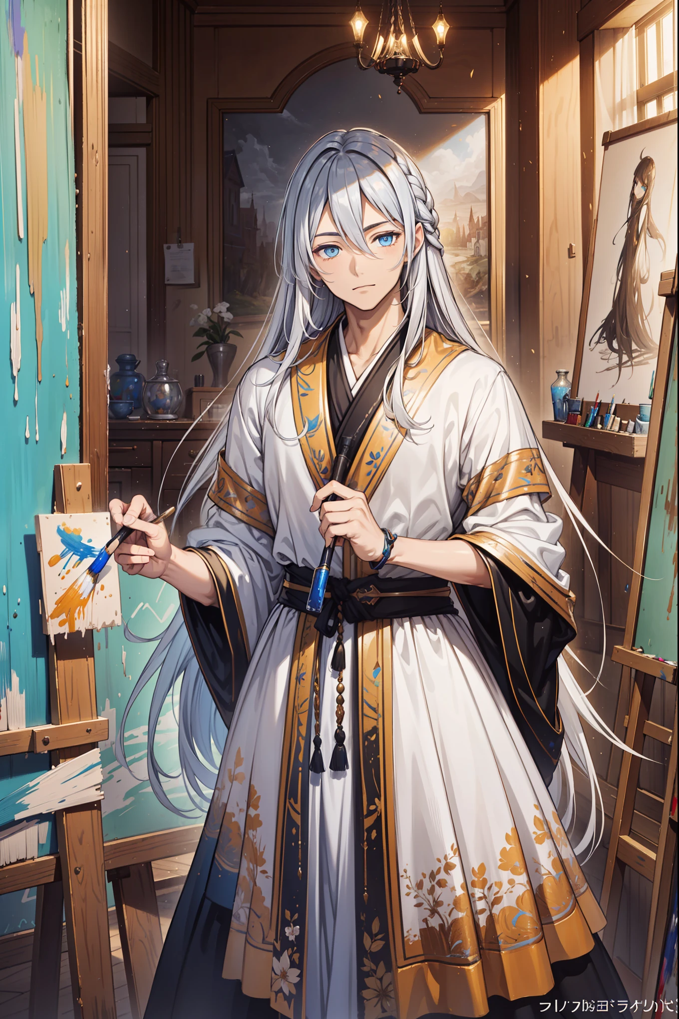 (Best quality, A high resolution, Textured skin, High quality, High details, High details,Extremely detailed CG unity), (male), handsome male, long white hair, white hair, silver hair, blue eyes, Enchanted,having fun,Being in love,artist in fantasy world, exquisite costumes,solo person,day, Dazzle, male, handsome, (art studio), (in art studio), male with long hair, silver long hair, white long hair, blue deep eyes, deep eyes, painting male, more details, detailed art studio scene, art studio detailed, (holding paint brush:1), paint materials, art tools, paint tools everywhere, messy art, paint colors, colors everywhere