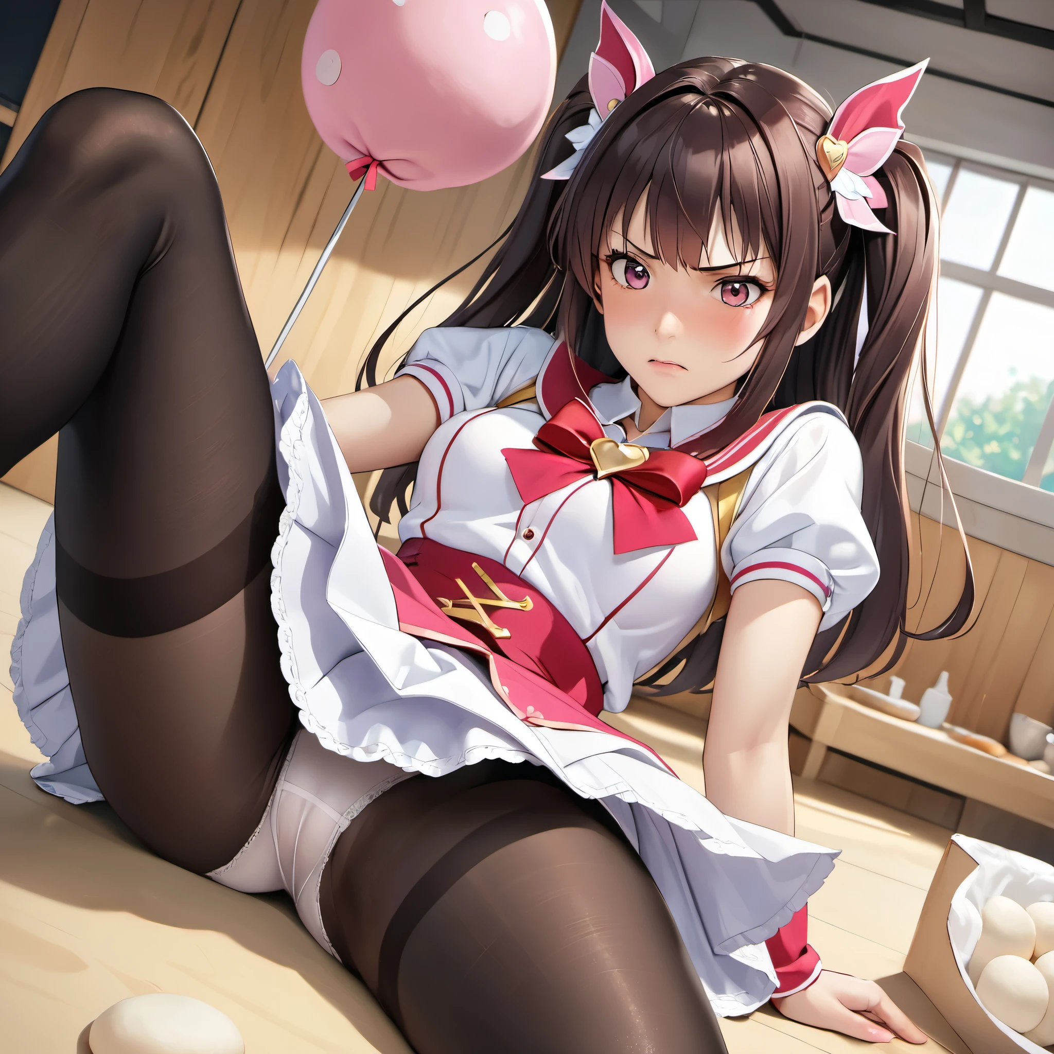 1girl, magical girl, panties,skirtlift,((upskirt)),((pantyshot)),(white panty),((Small panties)),(((Thin panties of dough))),(((black pantyhose))),white race panty, ,Glaring,Anguished expression、Embarrassed look,8k,Realistic、Anime illustration,CG