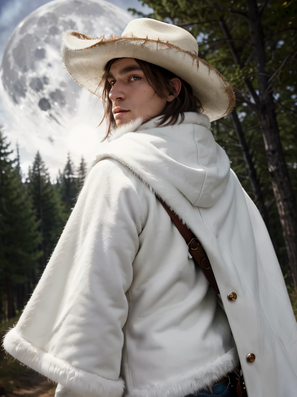 best quality, ultra high res,1furry boy, solo,detailed eyes, volumetric lighting, amazing, finely detail, cowboy shot, cloak , white fur, red eyes, white sclera, bright pupils, bright atmosphere, muscular, upper body, from back Looking at the viewer Cowboy hat realistic background of a forest with full moon