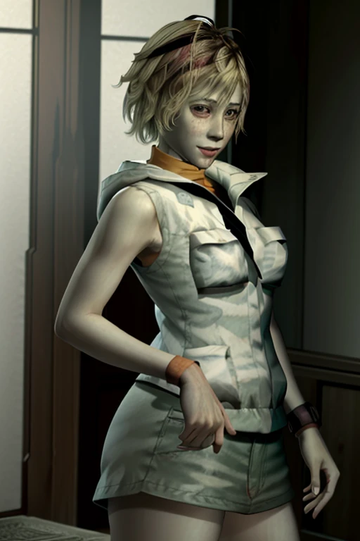 1girl, solo, <lora:SH3Heather:0.8>, SH3Heather, orange turtle neck sweater, sleeveless, white vest, green mini skirt, mall, <lora:add_detail:0.7>, <lora:SillentHillStyle:0.2>, silent hill style, dark atmosphere,