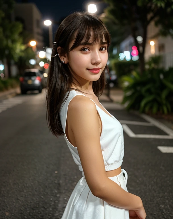 A cute girl, perfect face, beautifull 14 years old girl,14 years old girl, skinny body, slim body, white skin, masterpiece, textured skin, super detail, high details, high quality, 8k, nice pose, road night background, dark shadow, less light, nature light, side lighting to face, dress, cute lips, small and cutest lips, at night, wearing a white shoes, bangs hair style,top, stomuch visible, small skirt, wearing a ears rings, little smlie, night time.
